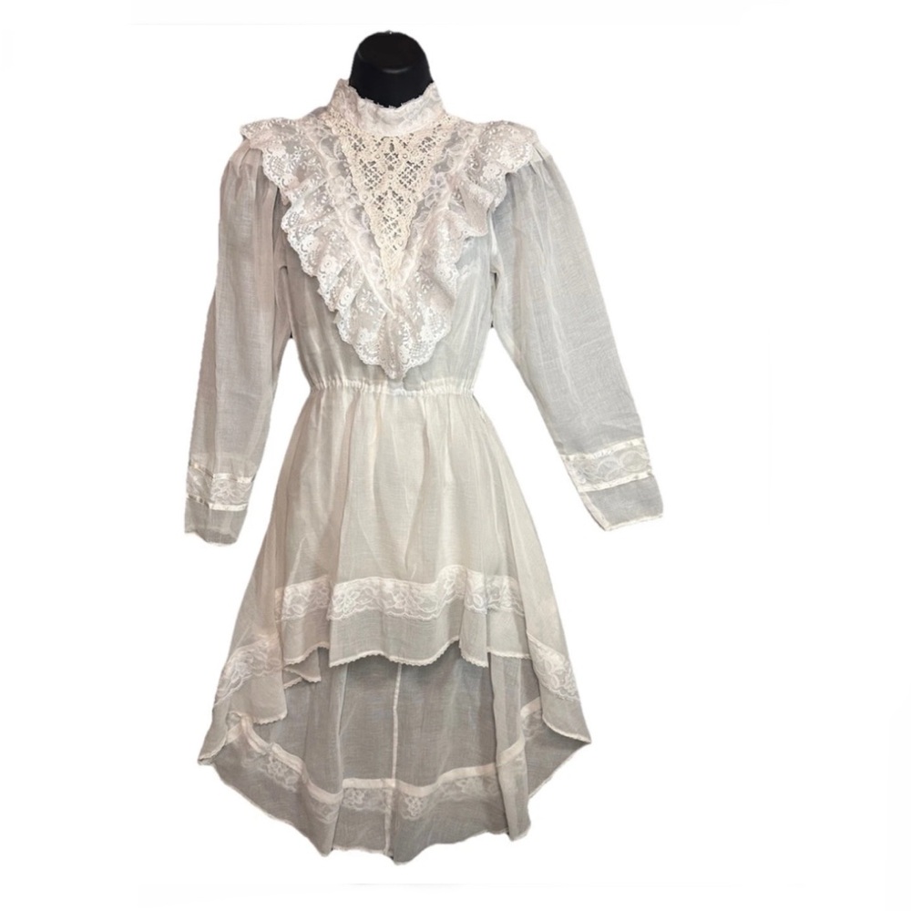 Vtg 70s Off White Gunne Sax Sheer Cotton & Lace Edwardian Dress Sz XS